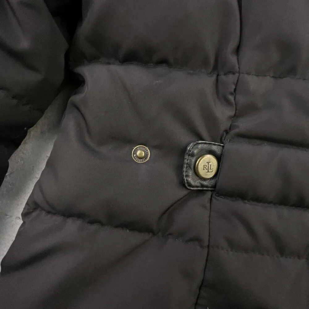 Lauren Ralph Lauren Down Puffer Coat Women's S Black Feather Removable Fur Hood